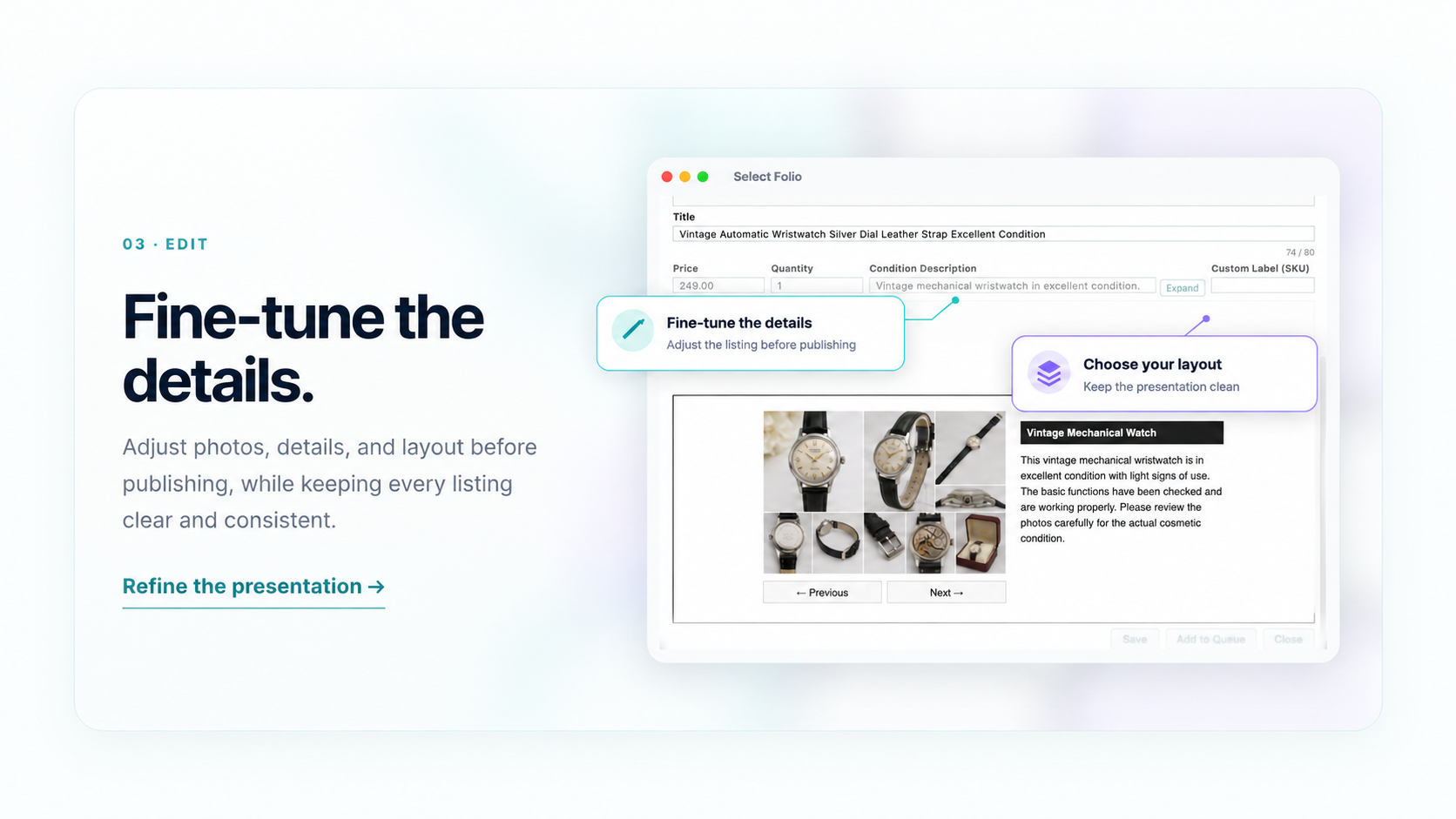 Select Folio Editor and HTML preview for fine-tuning listing details and layout