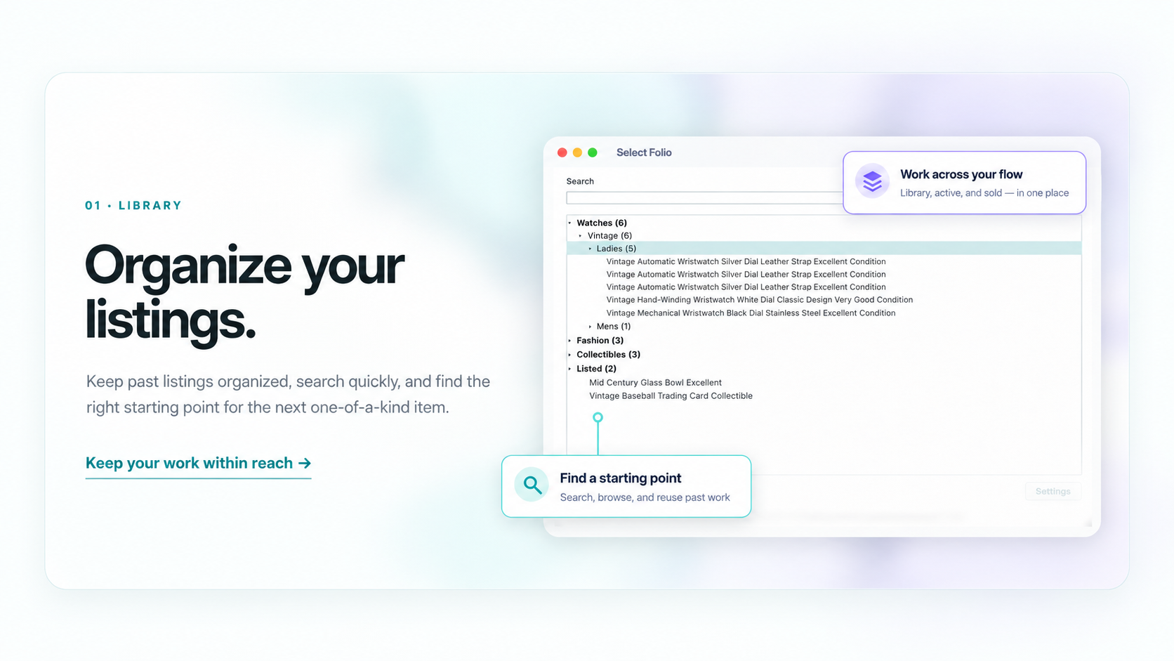 Select Folio Library: organize, search, and reuse past listings