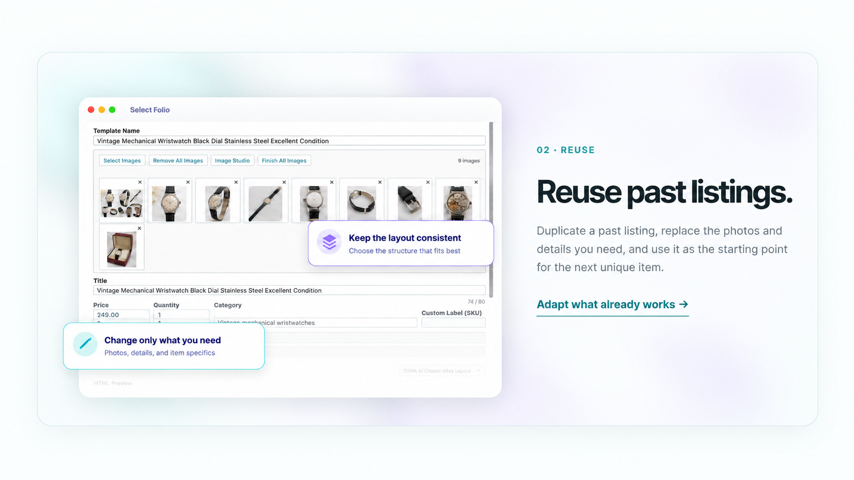 Select Folio Editor: reuse a past listing and change only what you need